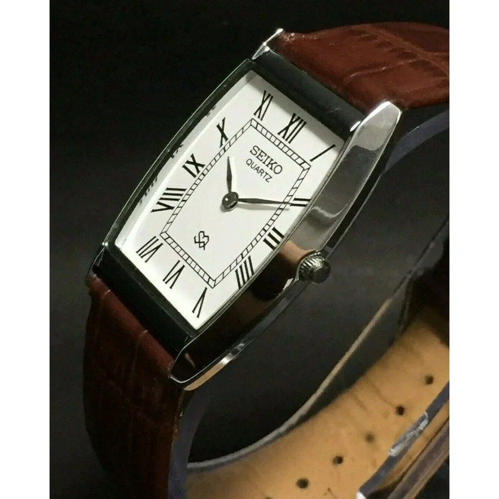 Vintage Style Seiko Quartz Mens Silver Watch & White accents W/ Leather Strap